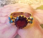 Edwardian Garnet Turquoise & Seed Pearl Gold Ring 1909