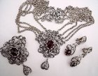 Bohemian Garnet Set Silver Necklace, Brooch & Earrings