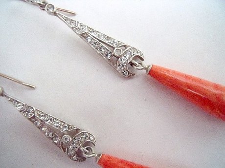 Vintage Pink Coral Gold and Silver Diamante Drop Earrings