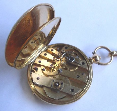 Baillod 18ct gold hunter pocket watch with gold chain & key + box
