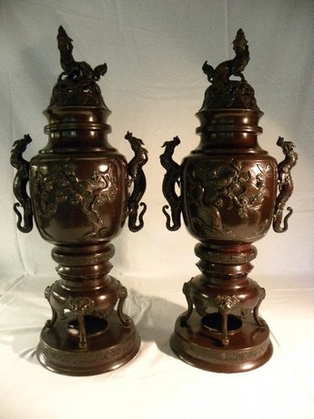 Pair of Japanese Bronze Incense Burners