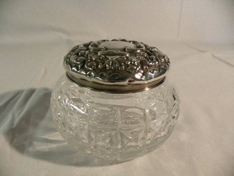 Cut glass dressing table jar with silver top