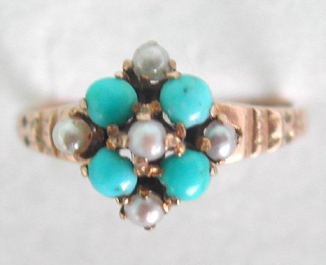 9 ct Gold Victorian Turquoise & Pearl Ring