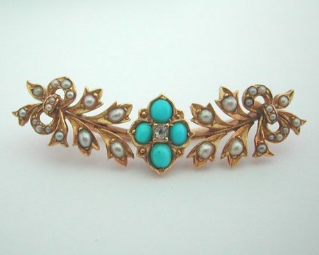 Turquoise Diamond and Pearl Brooch