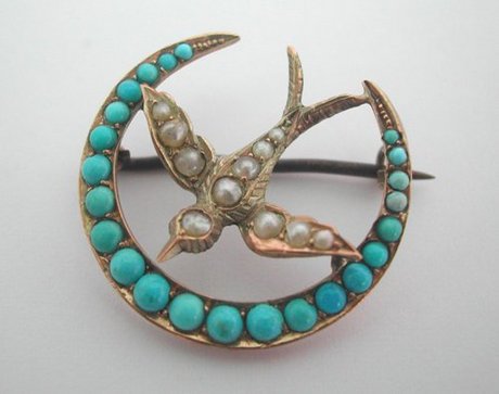 Turquoise and Pearl Crescent Brooch