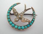 Turquoise and Pearl Crescent Brooch