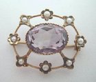 9 ct Gold Oval Pearl and Amethyst Brooch