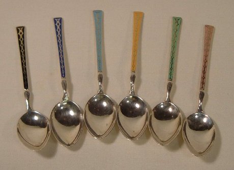 Six English Enamelled Silver Coffee Spoons