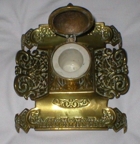 Solid Brass Art Nouveau Inkwell with Ceramic Insert