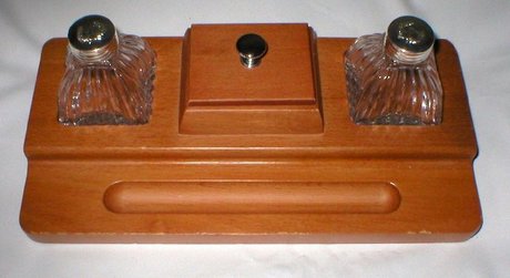 Lovely Cut Glass Double Inkwells + Blotter In Wood Surround