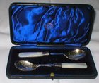Boxed Pair Of Silver Collar Mother Of Pearl Handle Sweet Spoons  