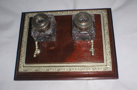 Vintage double inkwells With Pen Holder On Wood Plinth