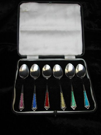 SILVER AND ENAMEL SPOONS BY JOSEPH GLOSTER