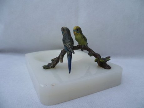 Austrian cold painted bronze Budgies on onyx pin tray