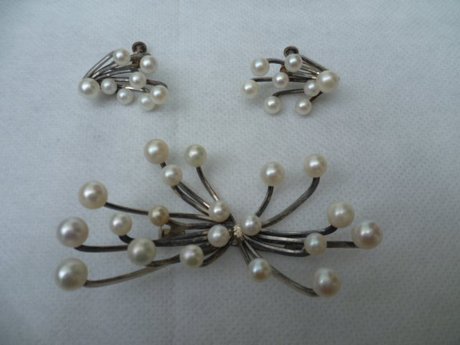 Silver and Pearl Brooch and Earring Set